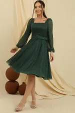 Square Neck Belted Balloon Sleeve Lined Glittery Dress