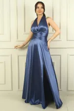 Kadın V Yaka Sırt Dekolteli Üstü Piliseli Örme Saten Uzun Elbise