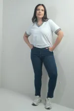 Jean taille haute à jambes droites en lycra pour femme, grandes tailles