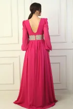 Robe de soirée longue en mousseline de soie avec col en V et doublure brodée pour femme