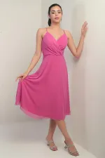 Women's Strappy Wrap Neckline Lined Lace-Up Back Flared Chiffon Dress