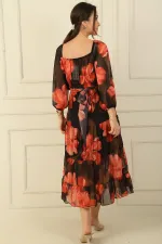 Madonna Collar Lined Cross-Lace Floral Double Breasted Chiffon Dress