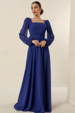 Kare Yaka Beli Kemerli Astarlı Şifon Uzun Abiye