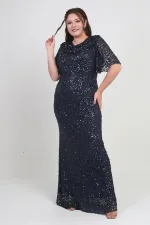 Kadın Degaje Yaka Kısa Kollu Astarlı Pullu Büyük Beden Likralı Elbise