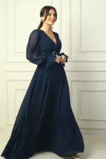 Kadın V Yaka Beli Tokalı Astarlı Şifon Uzun Abiye Elbise