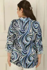 Chemise grande taille à manches repliées et motifs mixtes avec boutons métalliques sur le devant