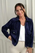 Women's Suede Coat with Pocket and Zipper Front