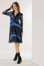 Double-Breasted, Lined, Front Knotted Wave Pattern Pleated Tulle Dress