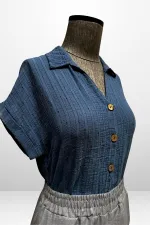 Kadın Polo Yaka Kendinden Desenli Keten Gömlek