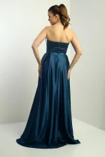 Women's Strapless, Lined, Front Underwire, Flared Long Satin Evening Dress with Pocket