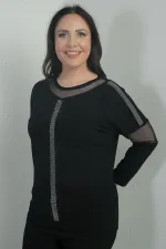 Kadın Taş Ve Tül Detaylı Likralı Çilek Büyük Beden Bluz