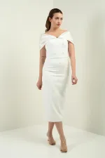 Women's Taffeta Madonna Collar Front Pearl Detailed Lined Evening Dress