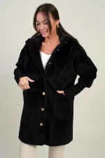 Kadın Kapüşonlu Önü Düğmeli Astarlı Kolları Ribanalı Angora Kaban