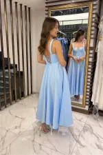 Kadın Askılı Sırtı İpli Korsajlı Saten Kloş Midi Elbise