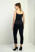 Kadın Beli Kemerli Yandan Cepli Paçası Taşlı Saten Pantolon