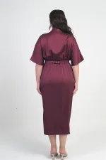 Women's Wrap Neck Short Batwing Sleeve Double Pleated Crepe Satin Plus Size Midi Designer Dress