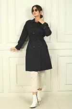 Kadın Beli Ve Kolları Kemerli Önü Düğmeli Cepli Pardesü