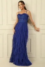 Robe bustier à bretelles perlées, doublure à franges et long tulle