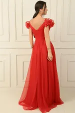 Front and Back V-Neck Strappy Short Sleeved Long Tulle Dress with Rhinestone Embellishment and Lining