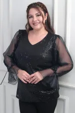 Kadın V Yaka Kolları Organze Pulpayet Büyük Beden Bluz