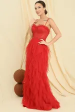 Robe longue en tulle doublée à franges et à bretelles en corde perlée