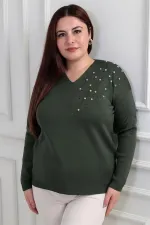 Chemisier en maille à strass grande taille pour femme, col en V