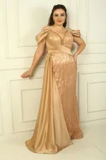 Zincir Askılı Ön Arka V Yaka Düşük Kollu Simli Flok Baskılı Astarlı Uzun Balık Elbise