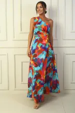 Robe longue en crêpe satin multicolore à une épaule et découpe latérale pour femme