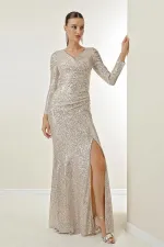 Robe longue à sequins doublée, décolleté cache-cœur et drapé sur le devant