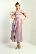 Kadın İp Askılı Düşük Kollu Astarlı Pileli Saten Kloş Uzun Elbise