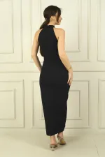 Kadın Halter Yaka Önü Yırtmaçlı Ortası Taş Şeritli Uzun Krep Elbise