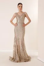 V-Neck Lined Glittery Flock Print Long Dress