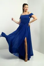 Women's Long Glittery Dress with Rope Straps and Flared Skirt