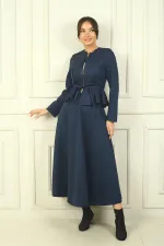 Women's Front Zippered Waist Belted Jacket Elastic Long Skirt 2-Piece Suede Set