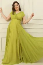 Wrap Neck, Lined, Nail Sleeve, Full Circle, Flared Chiffon Tulle Plus Size Long Dress