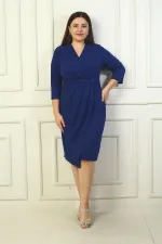 Women's Wrap Neckline Long Sleeve Lined Pleated Waist Accessory Detail Plus Size Glitter Short Dress