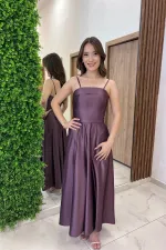 Women's Thin Strap Lined Pocketed Midi Satin Dress