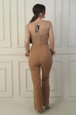 Women's Crepe Jumpsuit with Tulle Leaf Flock Print, Feathered Sleeves and Belt