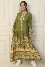 Long, half-buttoned, elasticated sleeve, printed modest dress.