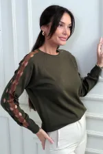 Kadın Kolu Şerit Dekolteli Triko Bluz