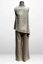 Kadın  Toka Detaylı Eteği Asimetrik Bluz Beli Lastikli Cepli Palazzo Pantolon Keten 2'li Takım