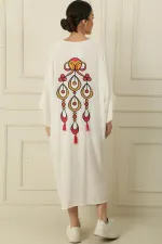 V-Neck Tasseled Double Pocket Embroidered Oversize Relaxed Fit Long Viscose Dress