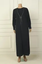 Robe longue en crêpe grande taille pour femme, avec poignets zippés, taille à boucle et ornements en pierre