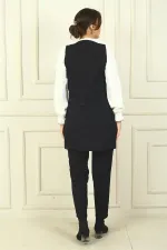 Women's Single Snap Zippered Pocket Long Vest Chiffon Shirt Elastic Waist Trousers 3-Piece Set