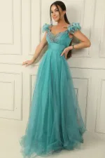 Ön Arka V Yaka İp Askılı Düşük Kollu Önü Taş Detaylı Astarlı Uzun Tül Elbise