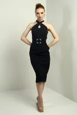 Women's Embellished Cross Neck Belted Midi Crepe Dress