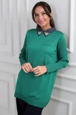 Kadın Taşlı Gömlek Yaka Tunik Triko Bluz