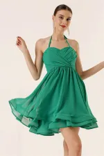 Boyundan Bağlamalı Astarlı Kısa Şifon Elbise