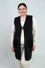 Gilet long en maille à poches, motif mini, fermeture à 3 boutons, grande taille, pour femme