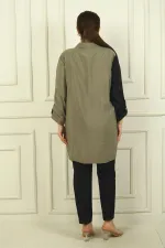 Kadın Kol Katlamalı Renk Bloklu Büyük Beden Uzun Kap Gömlek